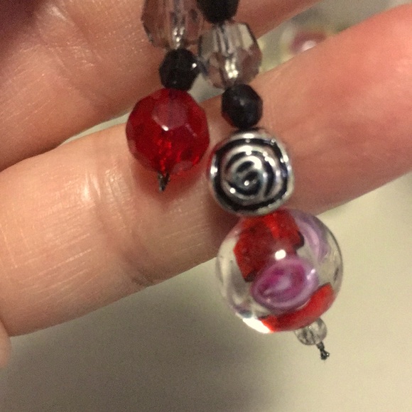 Red black clear BoHo OOAK glass retro pierced dangle sexy RETRO hippie earrings - Picture 8 of 17